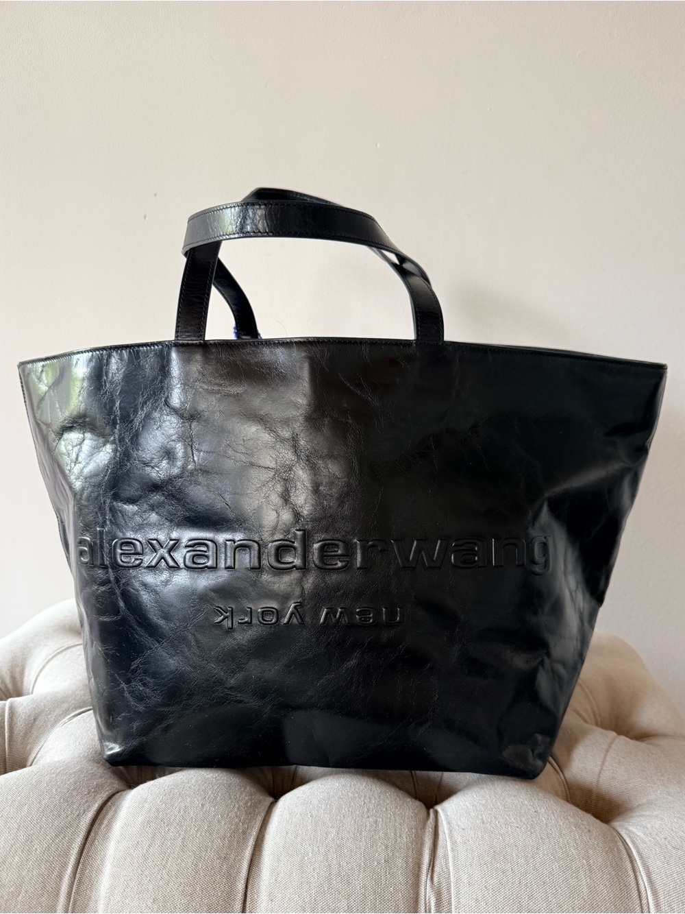 Alexander Wang Black Crinkled Leather Punch Large Tote Bag Pristine $595 Current